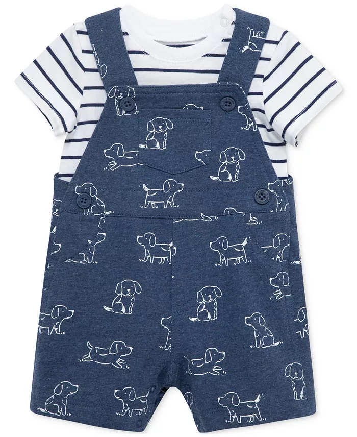 Little Me Baby Boys Cotton Striped T-Shirt & Puppy Shortall, 2 Piece Set