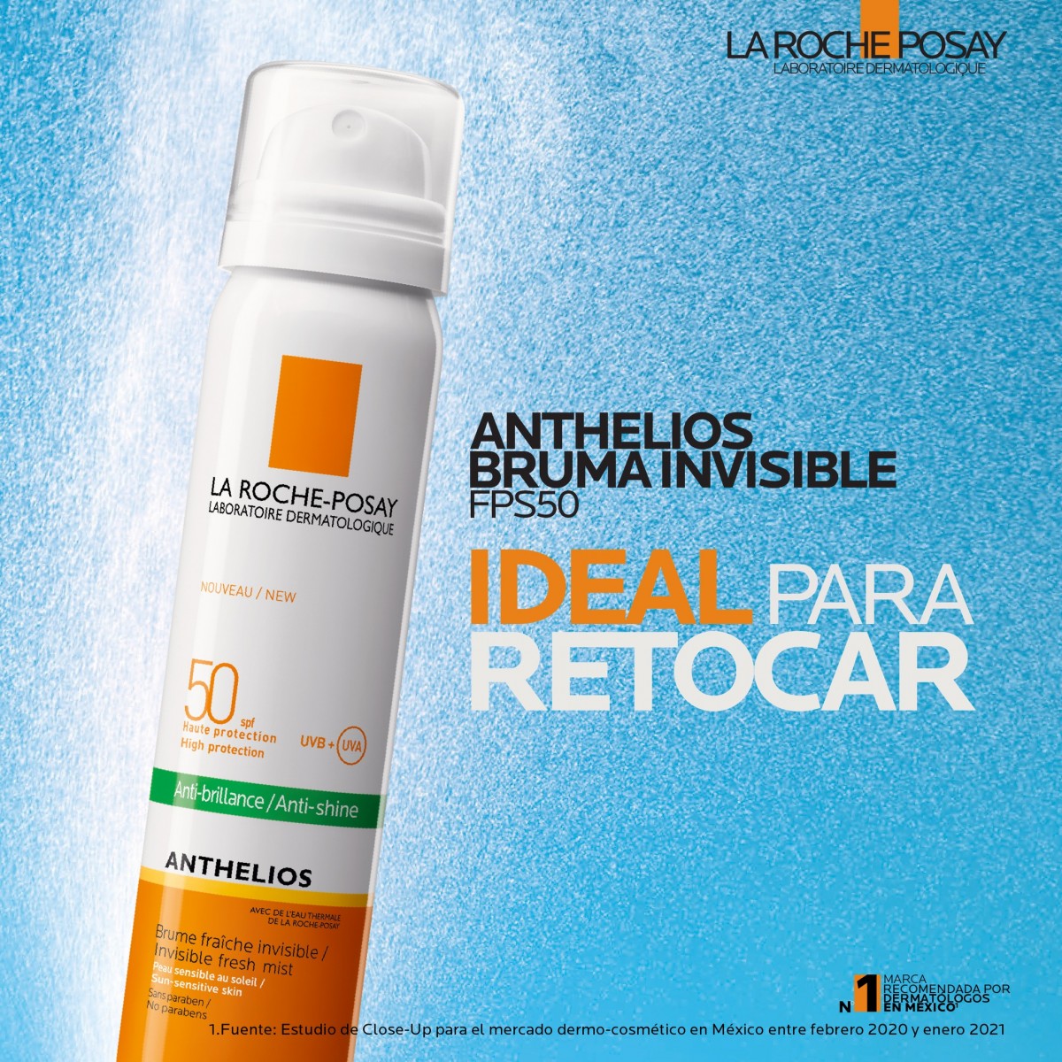 La Roche-Posay Anthelios Bruma Invisible FPS 50+ Protector Solar en Spray, Resistente al Agua con Efecto Matificante