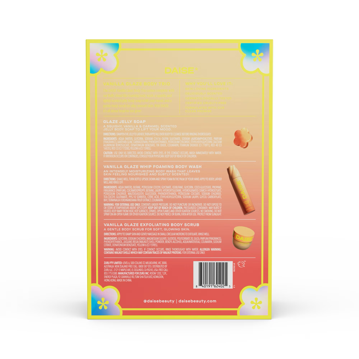 DAISE Trío Corporal Vanilla Glaze - Jabón de Gelatina, Gel de Baño Espumoso y Exfoliante Corporal