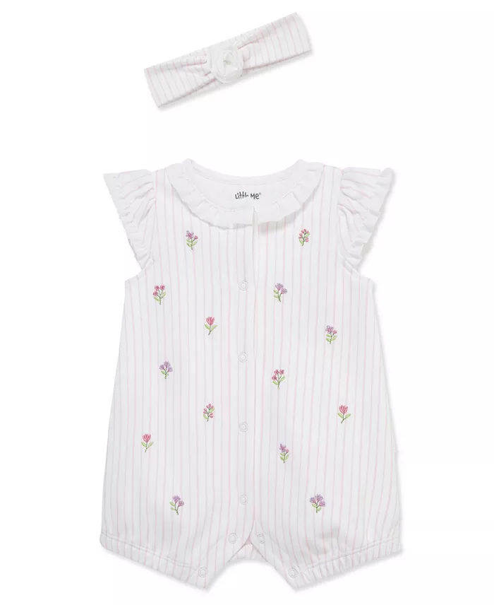 Little Me Baby Girls' Knit Floral Romper & Headband, 2-Piece Set