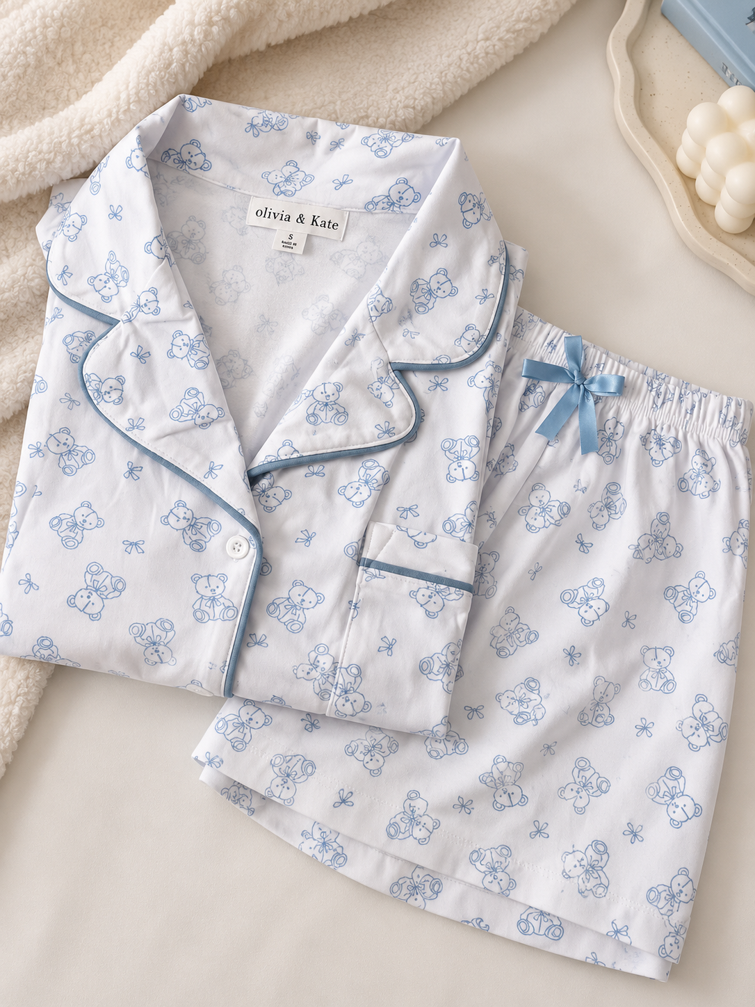 Pijama  de Short Blanca de Ositos Celestes