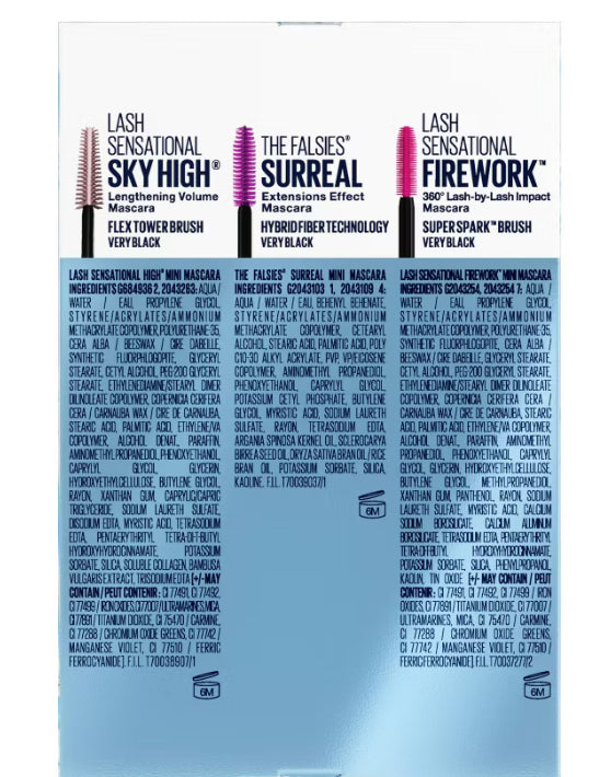 Maybelline Lash Sensational Mini Sky High, Surreal and Firework Very Black Washable Mascara Kit - 3pc