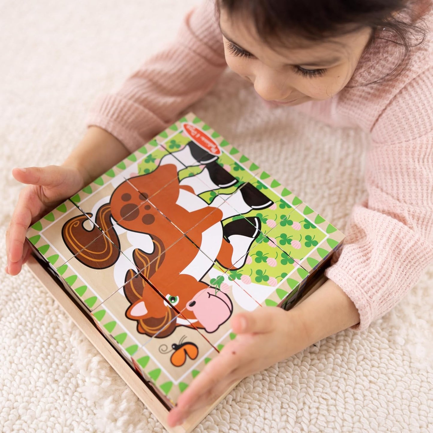 Melissa & Doug Farm Wooden Cube Puzzle with Storage Tray – 6-in-1 Animal Puzzle