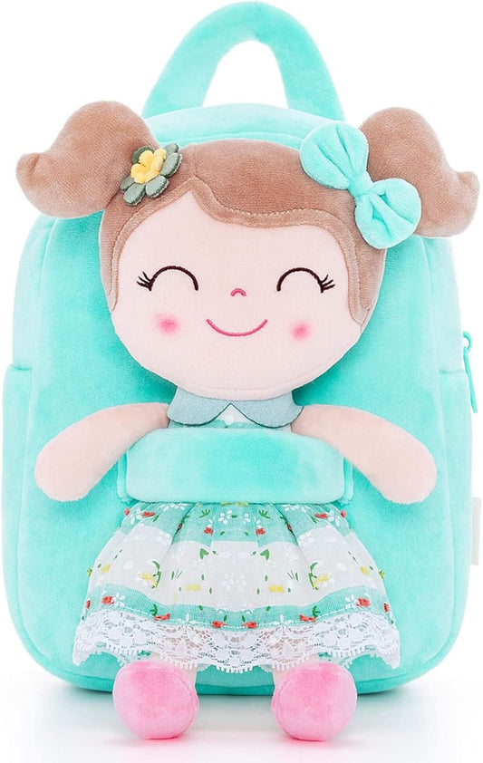 Girls Backpack Plush Bags with Soft Baby Doll Green 9"