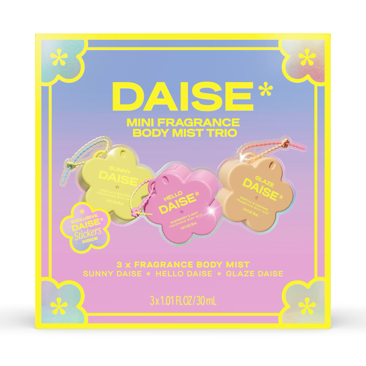DAISE Mini Fragancia Body Mist Trío + Stickers - Sunny DAISE, Hello DAISE, Glaze DAISE