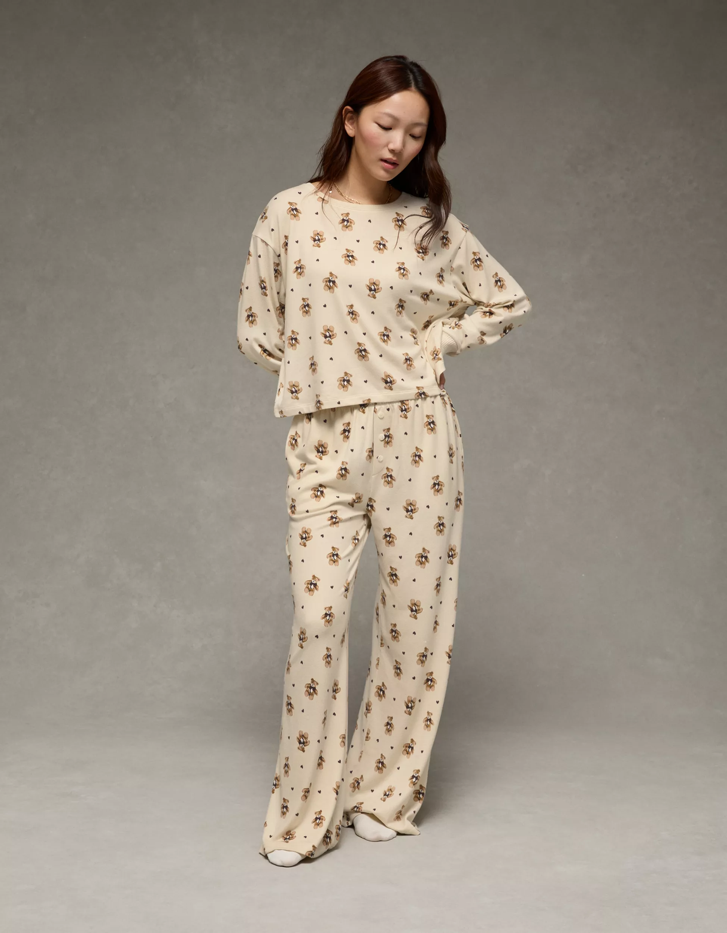 AE Luxe Plush Long-Sleeve & Pant PJ Set Teddy Bear