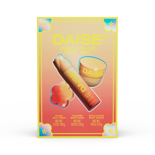 DAISE Trío Corporal Vanilla Glaze - Jabón de Gelatina, Gel de Baño Espumoso y Exfoliante Corporal