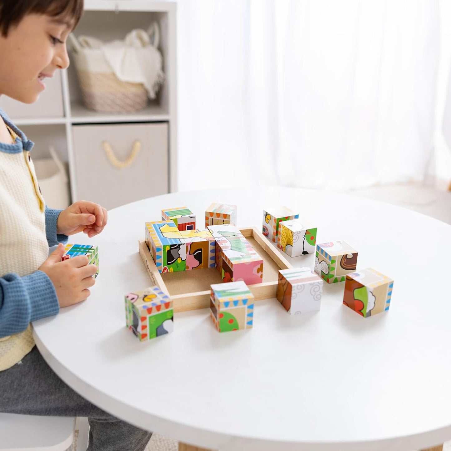 Melissa & Doug Farm Wooden Cube Puzzle with Storage Tray – 6-in-1 Animal Puzzle