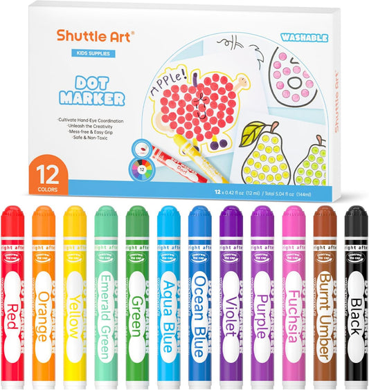 Shuttle Art Dot Markers, 12 Colors Washable Markers