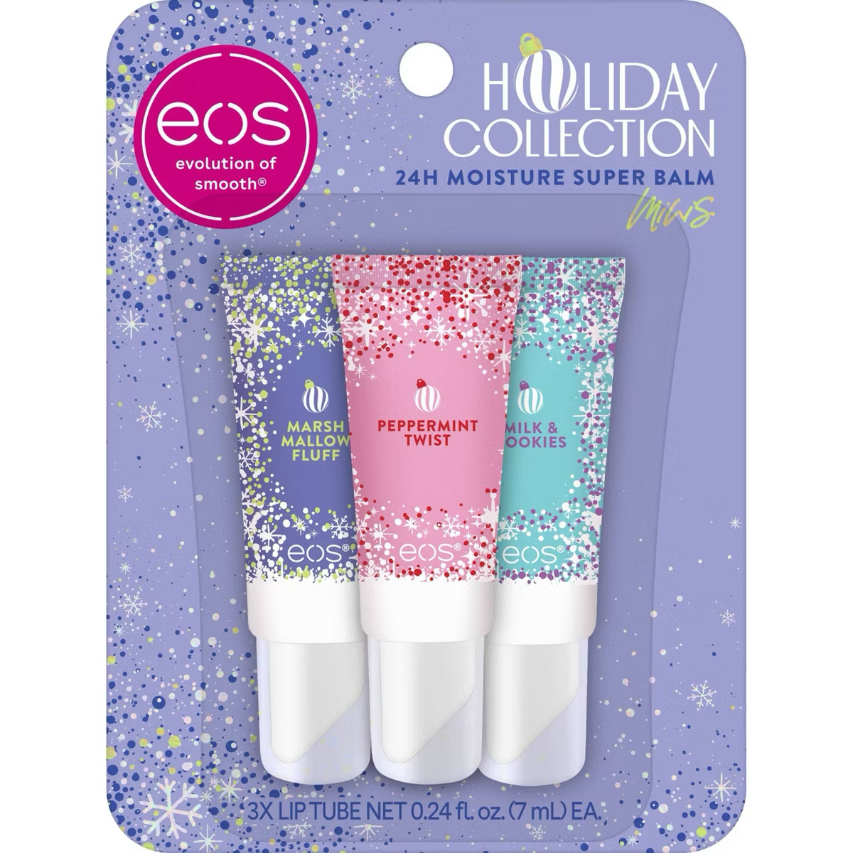 eos Holiday Mini Super Balms - Peppermint Twist, Milk & Cookies, Marshmallow Fluff