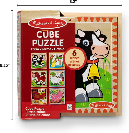 Melissa & Doug Farm Wooden Cube Puzzle with Storage Tray – 6-in-1 Animal Puzzle