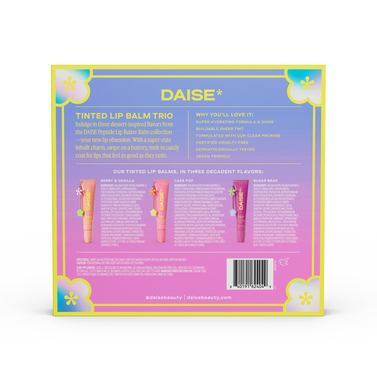 DAISE Trio de Bálsamo Labial con Color- Berry & Vanilla, Cake Pop, Sugar Bear