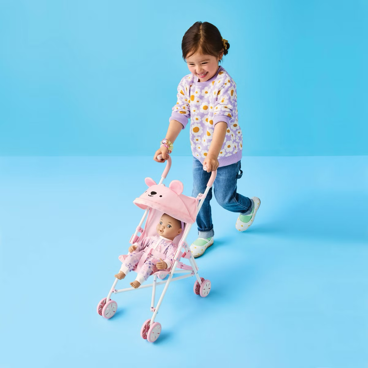 Cochecito- Pink Dot Bear Fold-Up Doll Stroller for 14" - 16" Dolls - Gigglescape