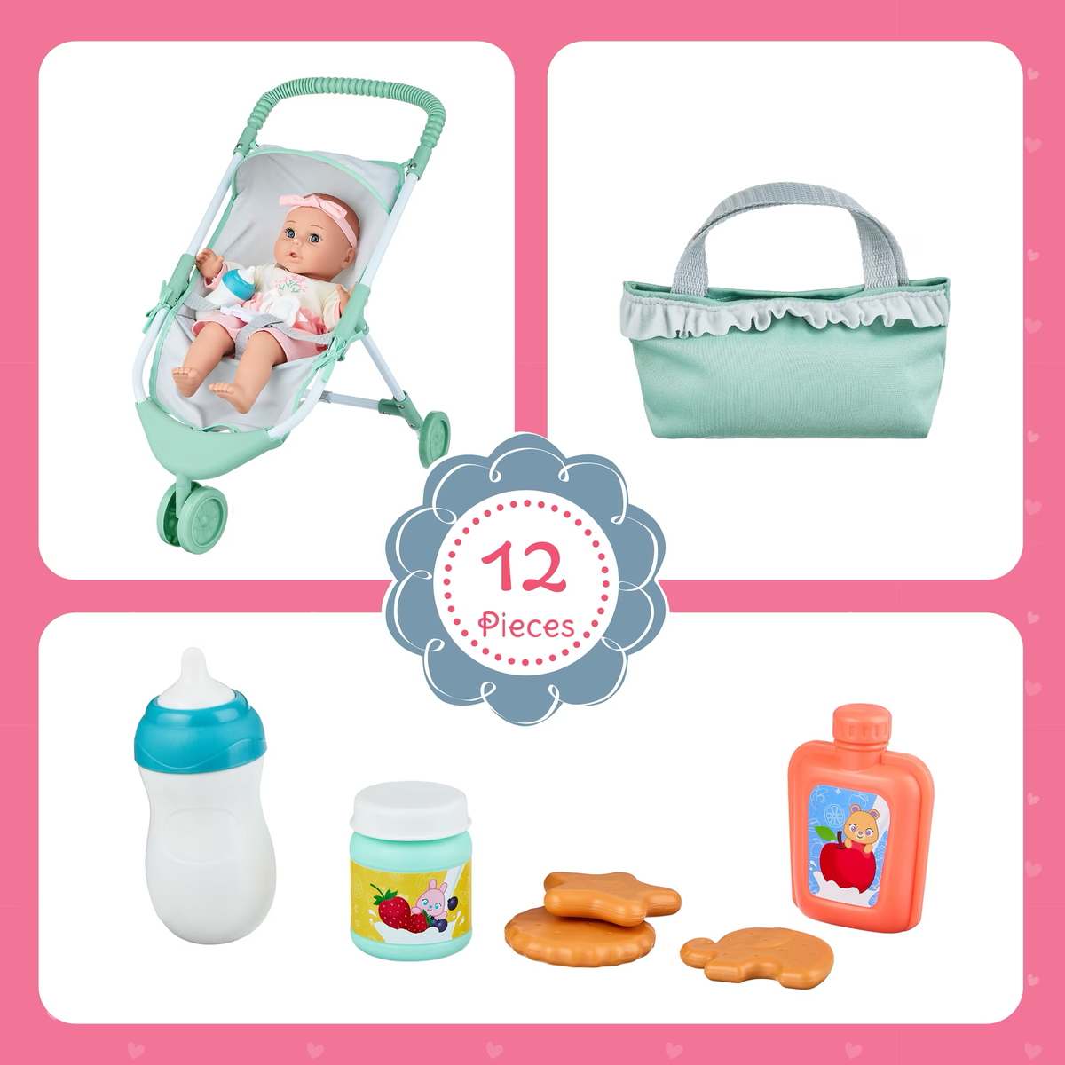My Sweet Love Doll and Stroller Set, Pink, 12 Pieces