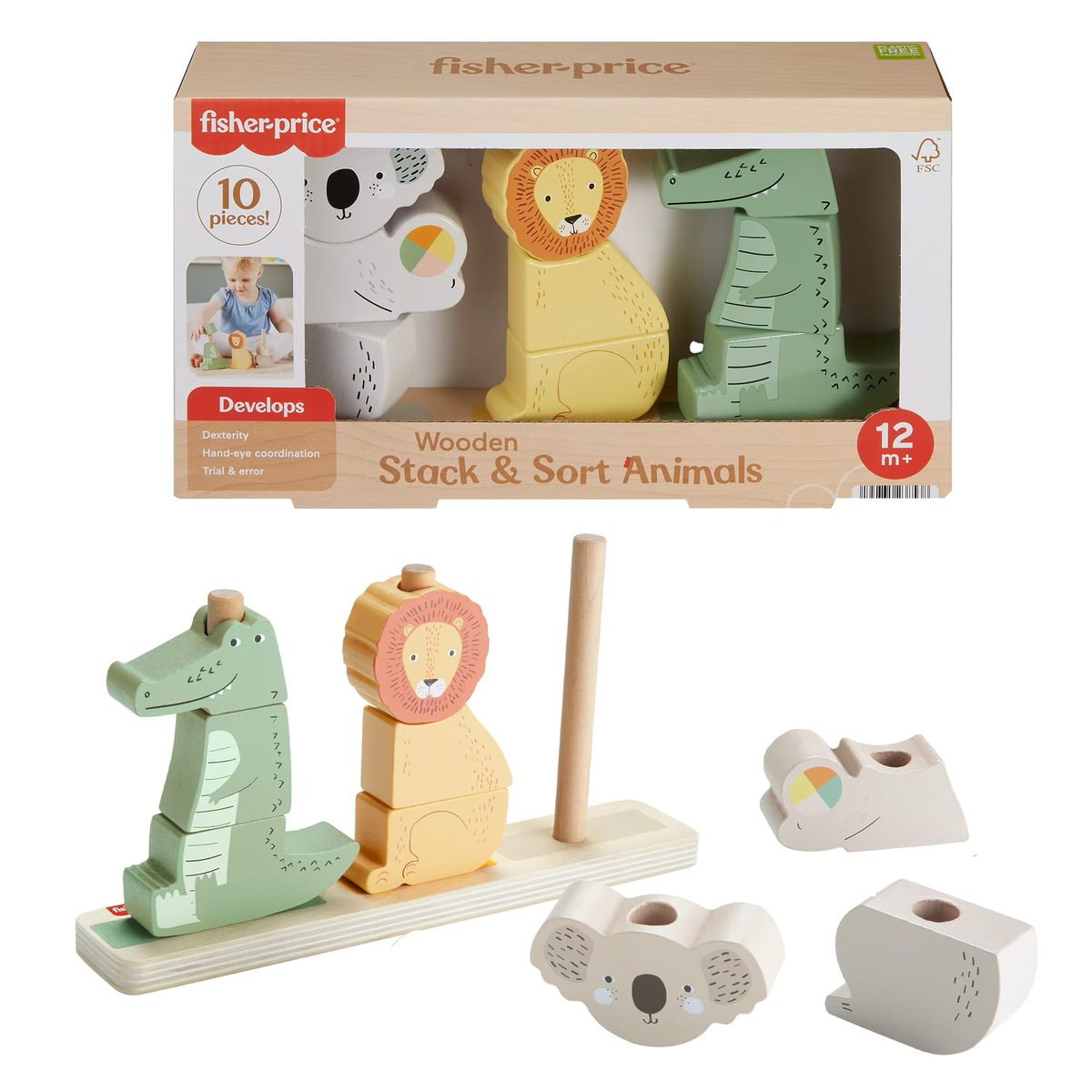 Fisher Price Wooden Stack and Sort Animals 10-Piece Puzzle